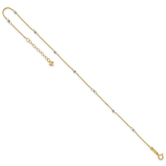 Tobillera de Cable Bicolor de 14K con Cuentas de Espejo de 9 Pulgadas + Extensión de 1 Pulgada