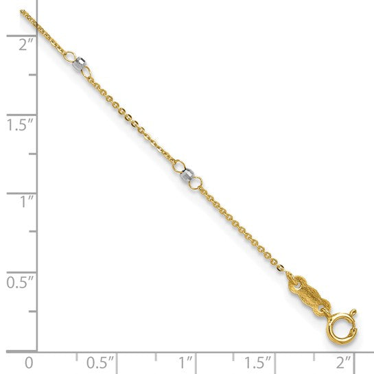 Tobillera de Cable Bicolor de 14K con Cuentas de Espejo de 9 Pulgadas + Extensión de 1 Pulgada