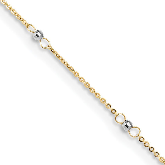 Tobillera de Cable Bicolor de 14K con Cuentas de Espejo de 9 Pulgadas + Extensión de 1 Pulgada