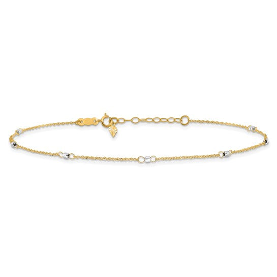 Tobillera de Oro de 14K Dos Tonos con Esferas Espejadas de 9 Pulgadas y Extensión de 1 Pulgada