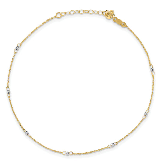 Tobillera de Oro de 14K Dos Tonos con Esferas Espejadas de 9 Pulgadas y Extensión de 1 Pulgada