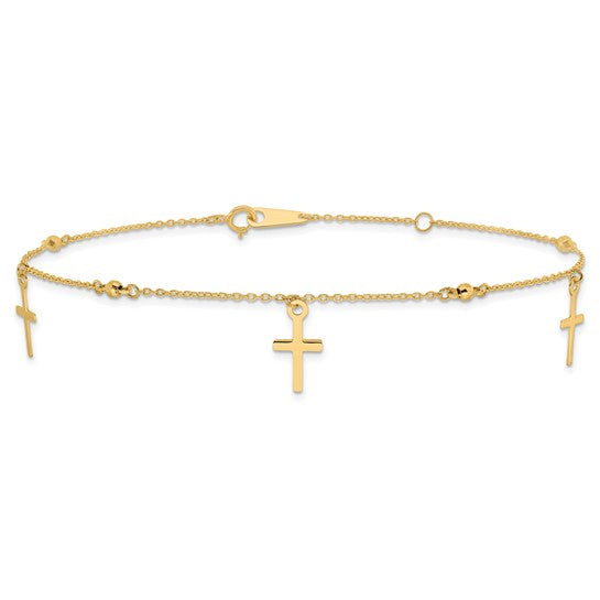 Tobillera de Oro Amarillo de 14K Pulido y Cortado a Diamante con Cruz de 9 Pulgadas + Extensión de 1 Pulgada