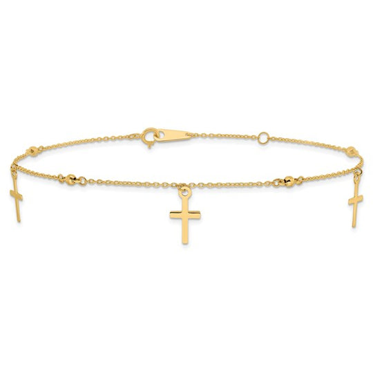 Tobillera de Oro Amarillo de 14K Pulido y Cortado a Diamante con Cruz de 9 Pulgadas + Extensión de 1 Pulgada