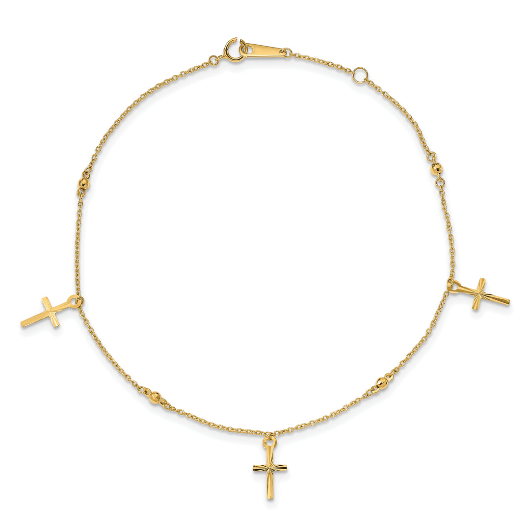 Tobillera de Oro Amarillo de 14K Pulido y Cortado a Diamante con Cruz de 9 Pulgadas + Extensión de 1 Pulgada