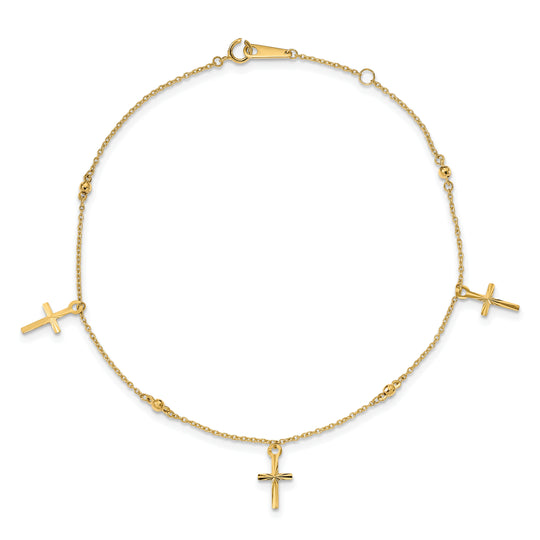 Tobillera de Oro Amarillo de 14K Pulido y Cortado a Diamante con Cruz de 9 Pulgadas + Extensión de 1 Pulgada
