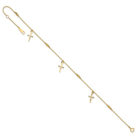 Tobillera de Oro Amarillo de 14K Pulido y Cortado a Diamante con Cruz de 9 Pulgadas + Extensión de 1 Pulgada
