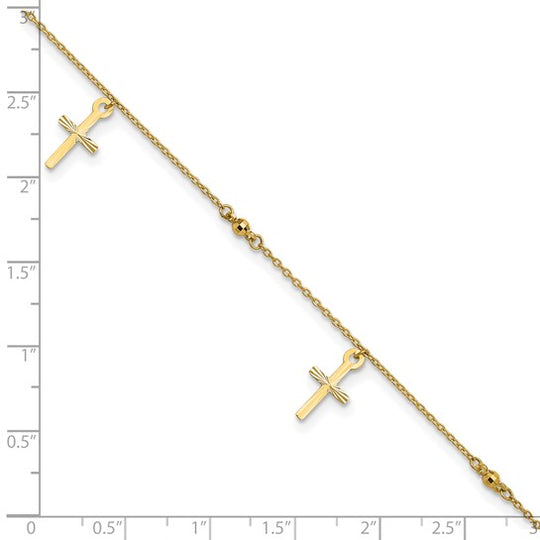 Tobillera de Oro Amarillo de 14K Pulido y Cortado a Diamante con Cruz de 9 Pulgadas + Extensión de 1 Pulgada
