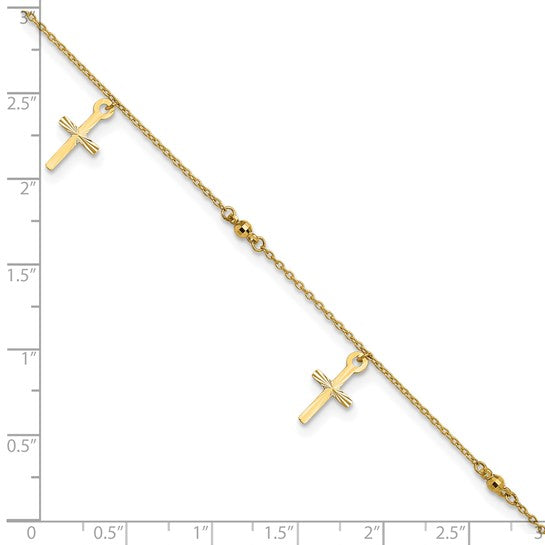 Tobillera de Oro Amarillo de 14K Pulido y Cortado a Diamante con Cruz de 9 Pulgadas + Extensión de 1 Pulgada