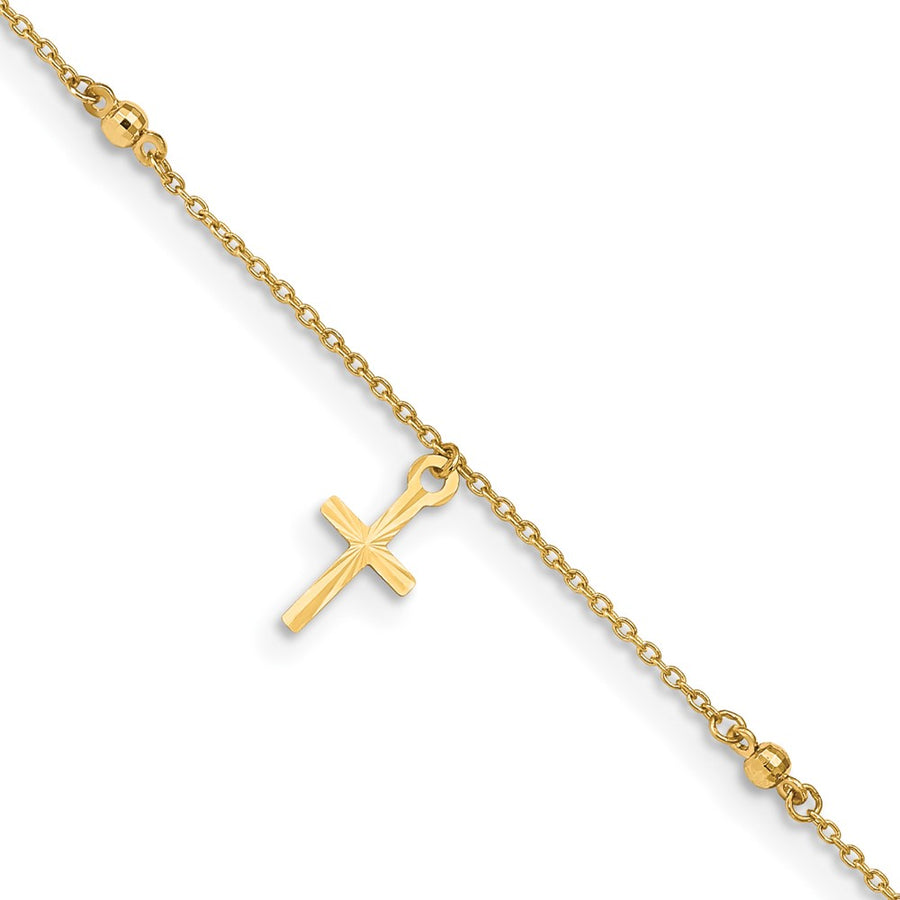 Tobillera de Oro Amarillo de 14K Pulido y Cortado a Diamante con Cruz de 9 Pulgadas + Extensión de 1 Pulgada