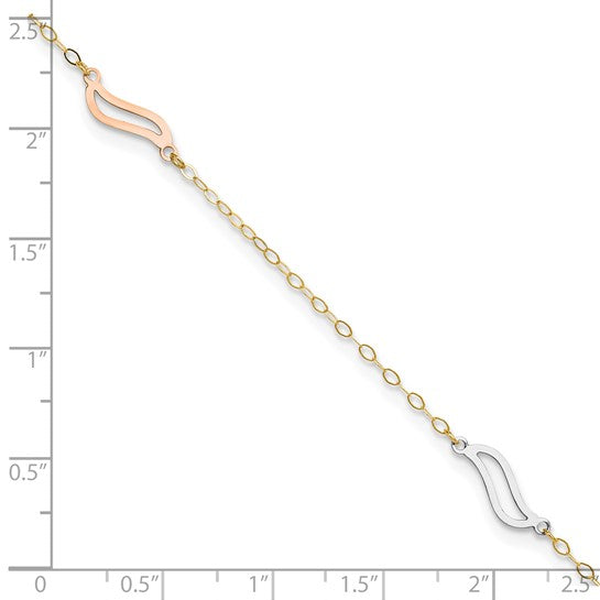 Tobillera de 14k Tricolor con Enlaces Abiertos en S de 9 Pulgadas + Extensor de 1 Pulgada