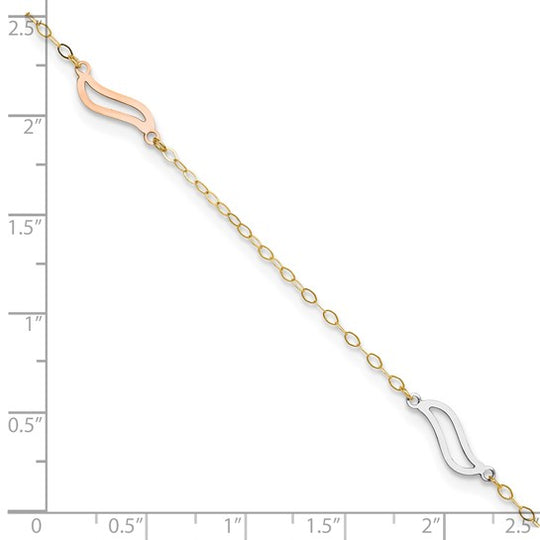 Tobillera de 14k Tricolor con Enlaces Abiertos en S de 9 Pulgadas + Extensor de 1 Pulgada