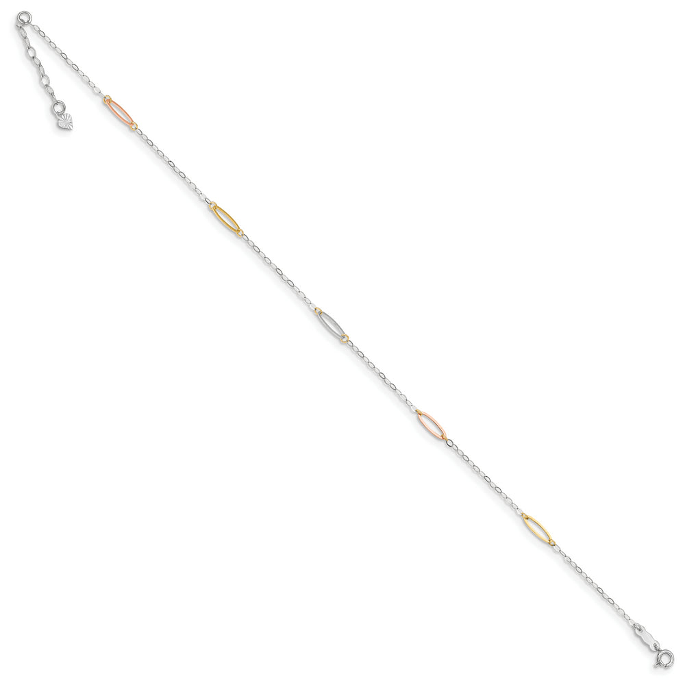 Tobillera de Enlace Ovalado Tricolor de 14K de 9 Pulgadas + Extensión de 1 Pulgada