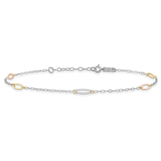 Tobillera de Enlace Ovalado Tricolor de 14K de 9 Pulgadas + Extensión de 1 Pulgada