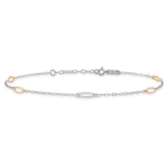 Tobillera de Enlace Ovalado Tricolor de 14K de 9 Pulgadas + Extensión de 1 Pulgada
