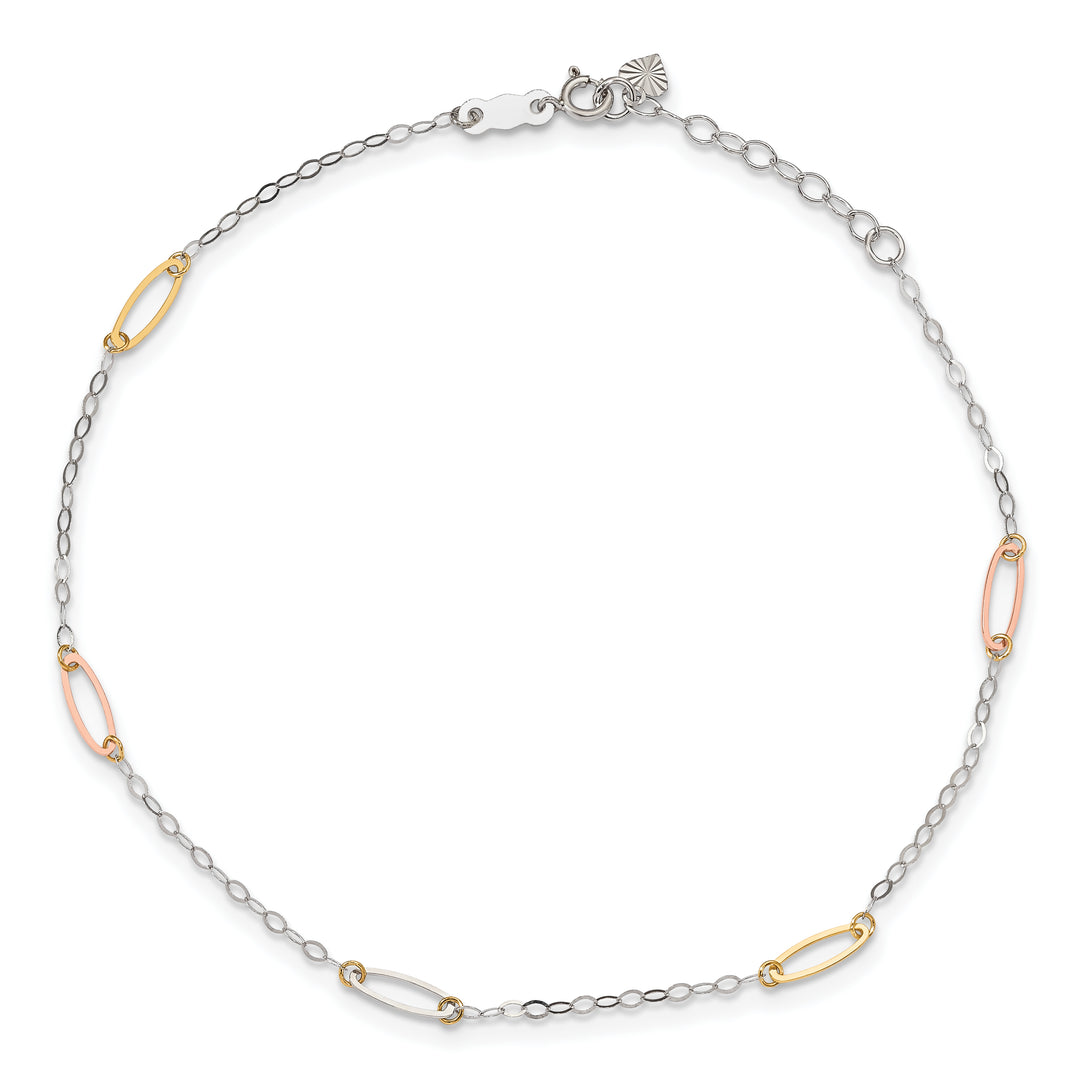 Tobillera de Enlace Ovalado Tricolor de 14K de 9 Pulgadas + Extensión de 1 Pulgada