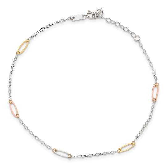 Tobillera de Enlace Ovalado Tricolor de 14K de 9 Pulgadas + Extensión de 1 Pulgada