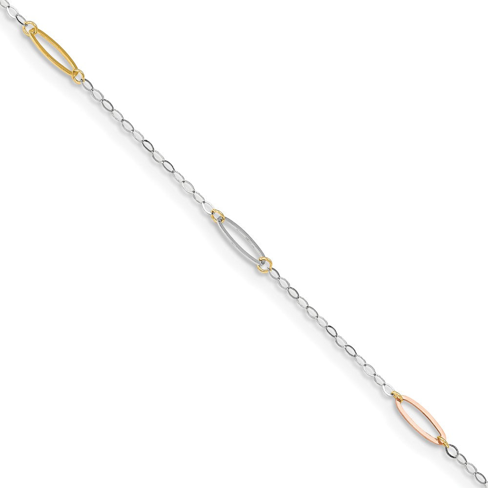 Tobillera de Enlace Ovalado Tricolor de 14K de 9 Pulgadas + Extensión de 1 Pulgada