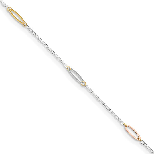 Tobillera de Enlace Ovalado Tricolor de 14K de 9 Pulgadas + Extensión de 1 Pulgada