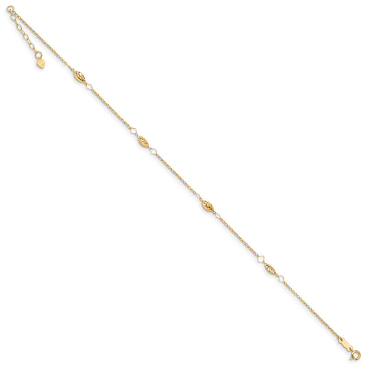 Tobillera de 14K Oro Amarillo con Cadena Circular y Perlas Puff en Corte Diamante, 9 Pulgadas más Extensión de 1 Pulgada
