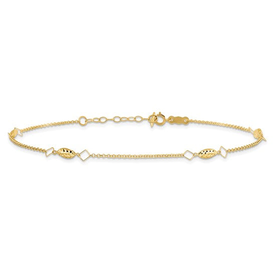 Tobillera de 14K Oro Amarillo con Cadena Circular y Perlas Puff en Corte Diamante, 9 Pulgadas más Extensión de 1 Pulgada