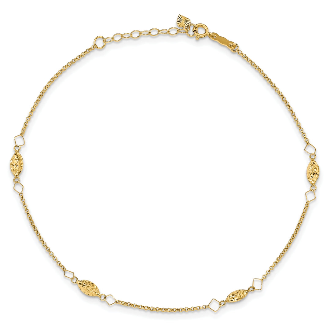 Tobillera de 14K Oro Amarillo con Cadena Circular y Perlas Puff en Corte Diamante, 9 Pulgadas más Extensión de 1 Pulgada
