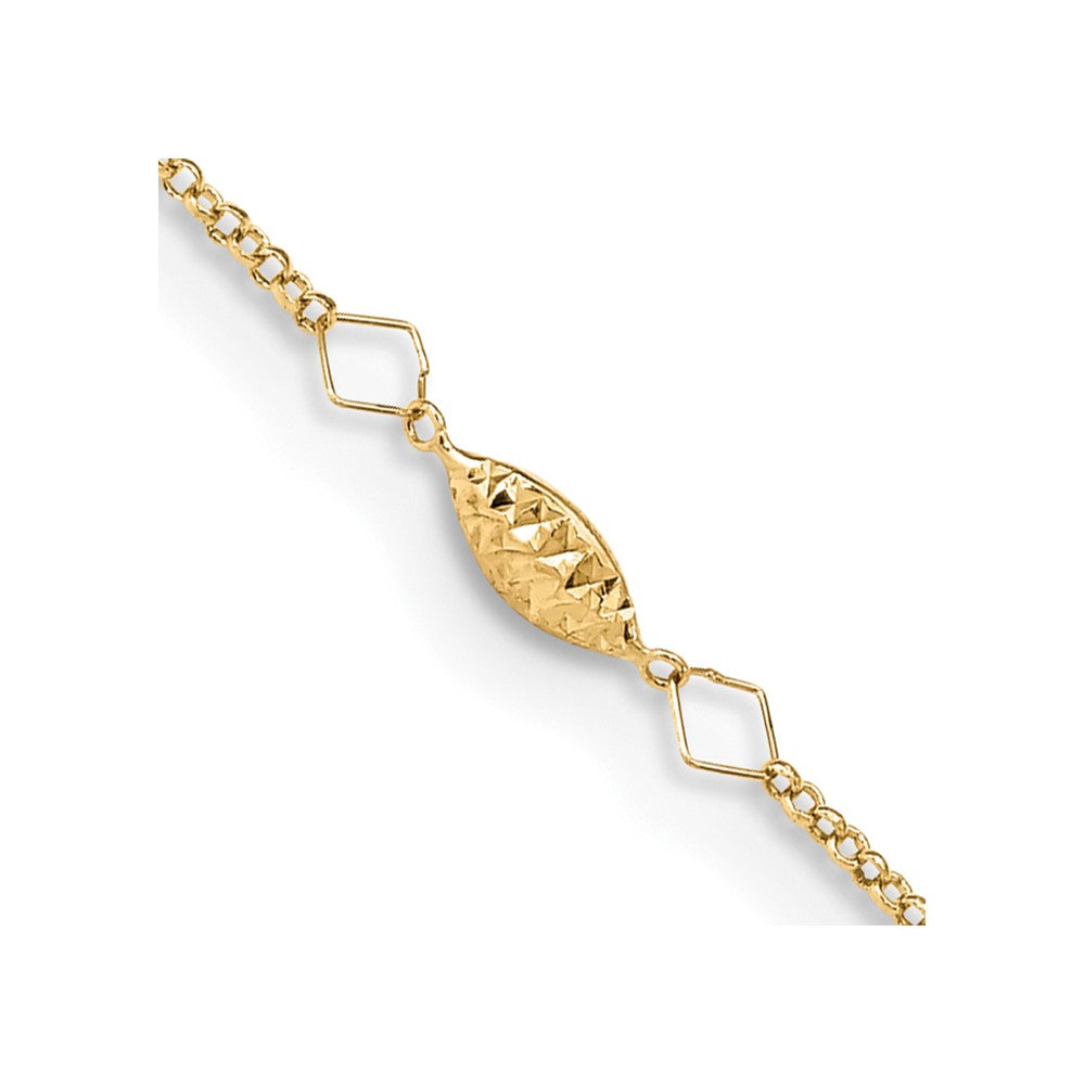 Tobillera de 14K Oro Amarillo con Cadena Circular y Perlas Puff en Corte Diamante, 9 Pulgadas más Extensión de 1 Pulgada