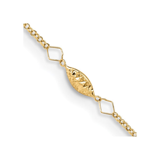 Tobillera de 14K Oro Amarillo con Cadena Circular y Perlas Puff en Corte Diamante, 9 Pulgadas más Extensión de 1 Pulgada