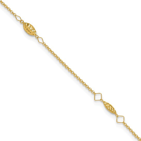 Tobillera de 14K Oro Amarillo con Cadena Circular y Perlas Puff en Corte Diamante, 9 Pulgadas más Extensión de 1 Pulgada