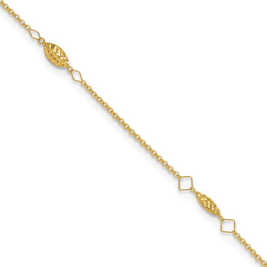 Tobillera de 14K Oro Amarillo con Cadena Circular y Perlas Puff en Corte Diamante, 9 Pulgadas más Extensión de 1 Pulgada