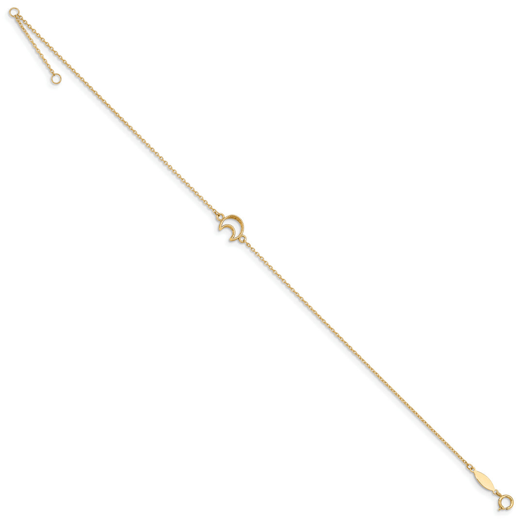 Tobillera de 14K en Oro Amarillo Texturizada y Pulida con Luna de 9 Pulgadas más 1 Pulgada de Extensor