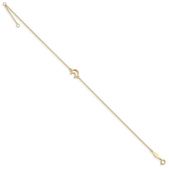 Tobillera de 14K en Oro Amarillo Texturizada y Pulida con Luna de 9 Pulgadas más 1 Pulgada de Extensor