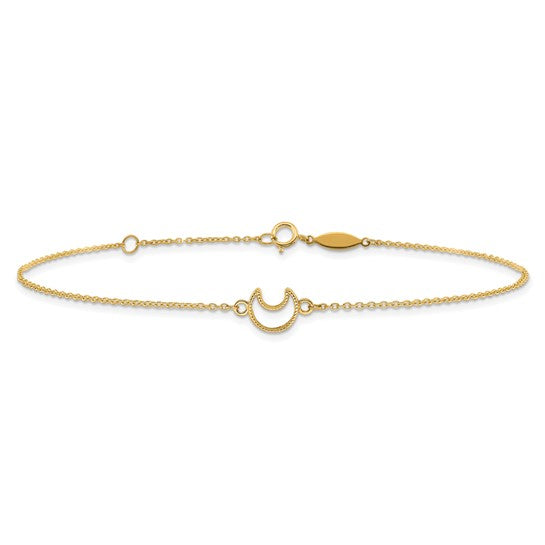 Tobillera de 14K en Oro Amarillo Texturizada y Pulida con Luna de 9 Pulgadas más 1 Pulgada de Extensor