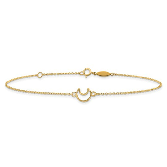 Tobillera de 14K en Oro Amarillo Texturizada y Pulida con Luna de 9 Pulgadas más 1 Pulgada de Extensor