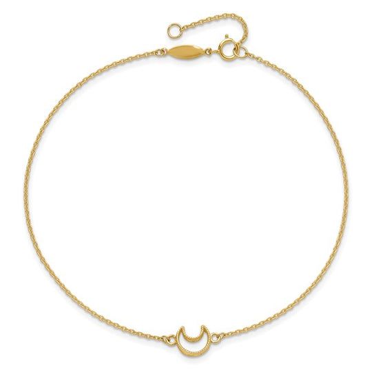 Tobillera de 14K en Oro Amarillo Texturizada y Pulida con Luna de 9 Pulgadas más 1 Pulgada de Extensor