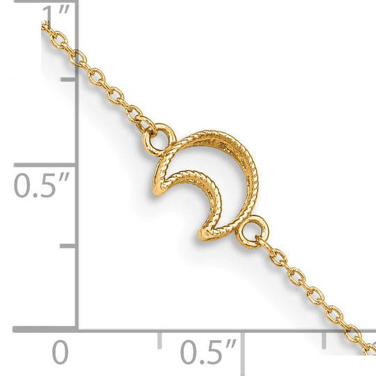 Tobillera de 14K en Oro Amarillo Texturizada y Pulida con Luna de 9 Pulgadas más 1 Pulgada de Extensor
