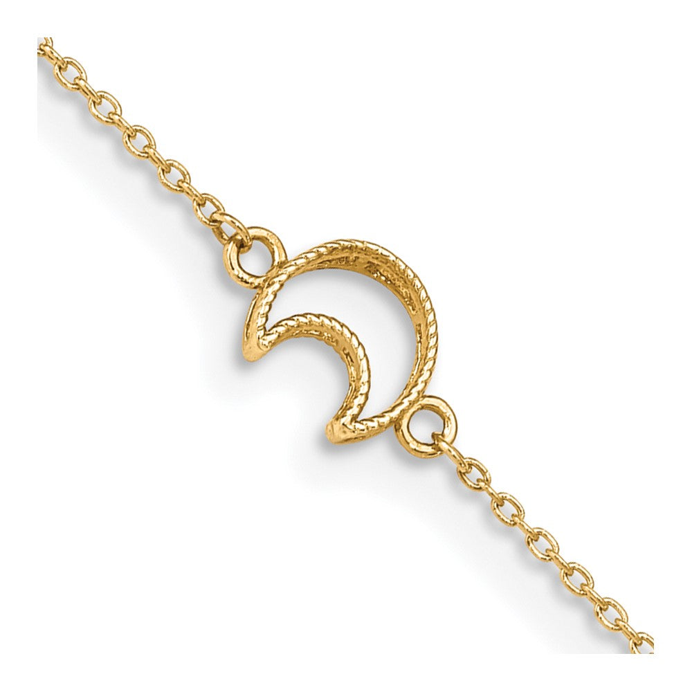 Tobillera de 14K en Oro Amarillo Texturizada y Pulida con Luna de 9 Pulgadas más 1 Pulgada de Extensor