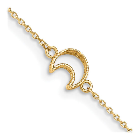 Tobillera de 14K en Oro Amarillo Texturizada y Pulida con Luna de 9 Pulgadas más 1 Pulgada de Extensor