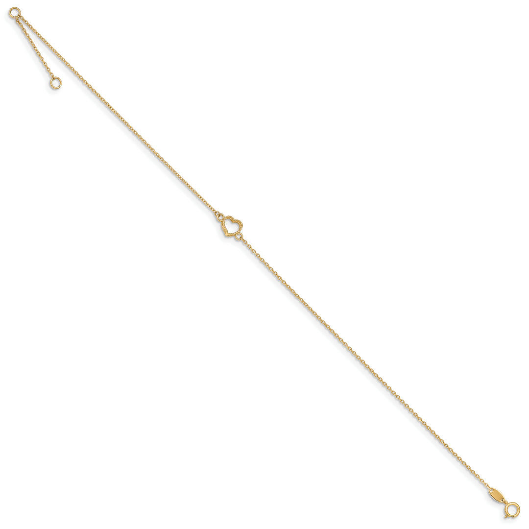 Tobillera de Corazón Texturizado y Pulido 14K de 9 Pulgada con Extensión de 1 Pulgada