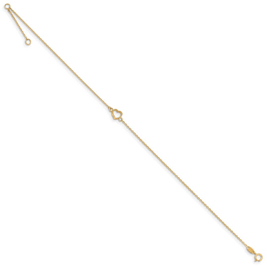 Tobillera de Corazón Texturizado y Pulido 14K de 9 Pulgada con Extensión de 1 Pulgada