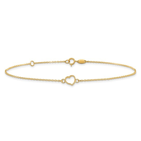 Tobillera de Corazón Texturizado y Pulido 14K de 9 Pulgada con Extensión de 1 Pulgada
