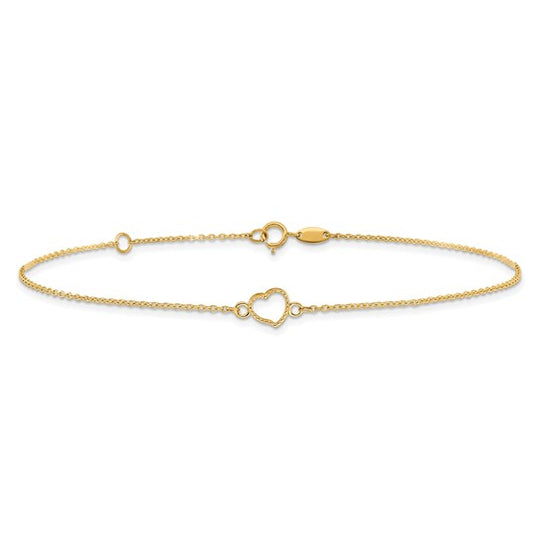 Tobillera de Corazón Texturizado y Pulido 14K de 9 Pulgada con Extensión de 1 Pulgada