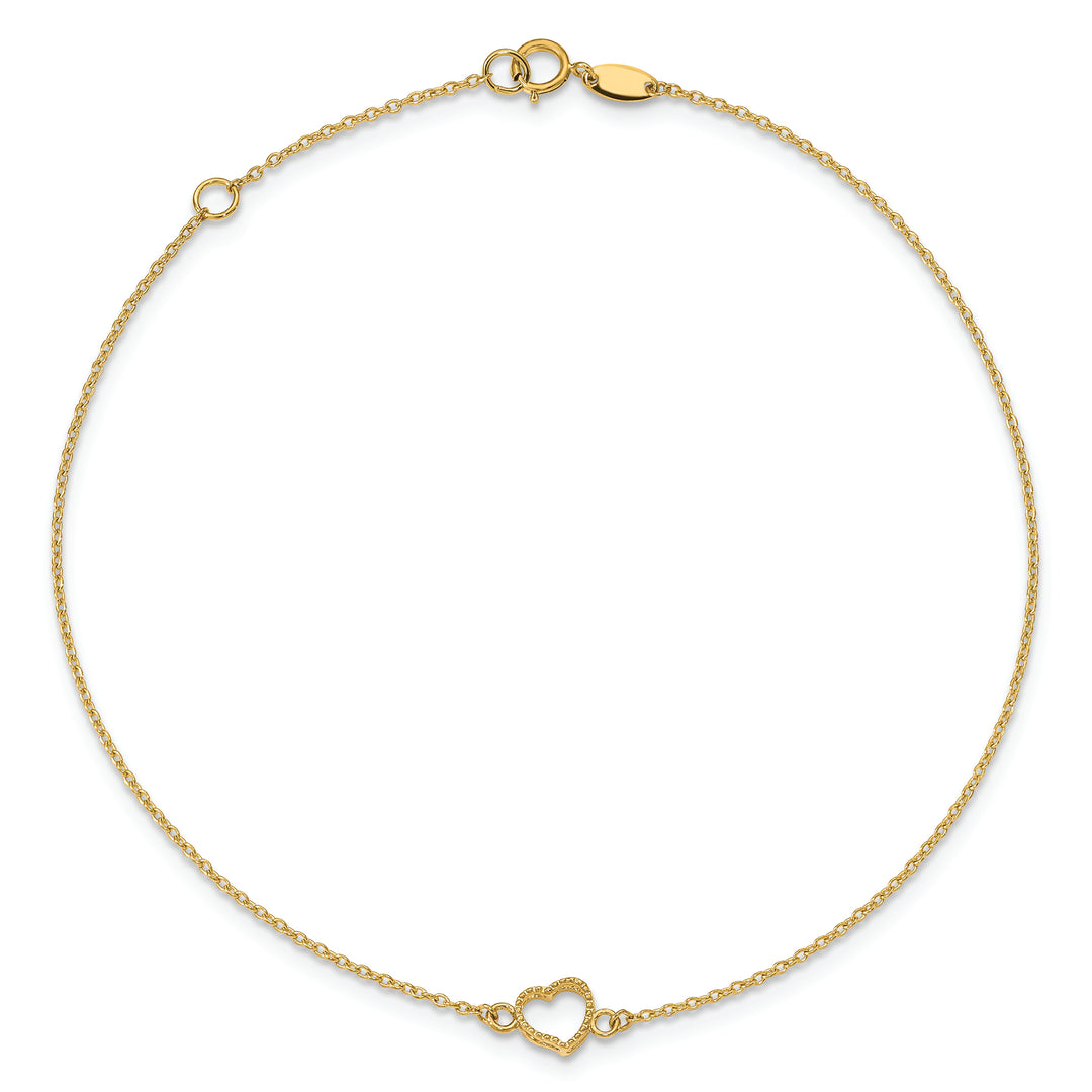 Tobillera de Corazón Texturizado y Pulido 14K de 9 Pulgada con Extensión de 1 Pulgada