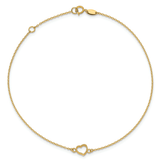 Tobillera de Corazón Texturizado y Pulido 14K de 9 Pulgada con Extensión de 1 Pulgada