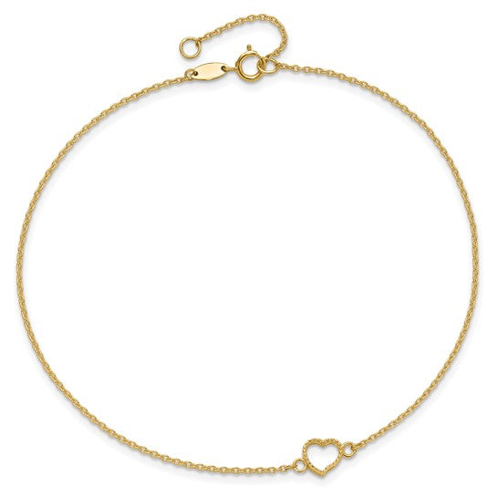 Tobillera de Corazón Texturizado y Pulido 14K de 9 Pulgada con Extensión de 1 Pulgada