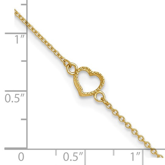 Tobillera de Corazón Texturizado y Pulido 14K de 9 Pulgada con Extensión de 1 Pulgada