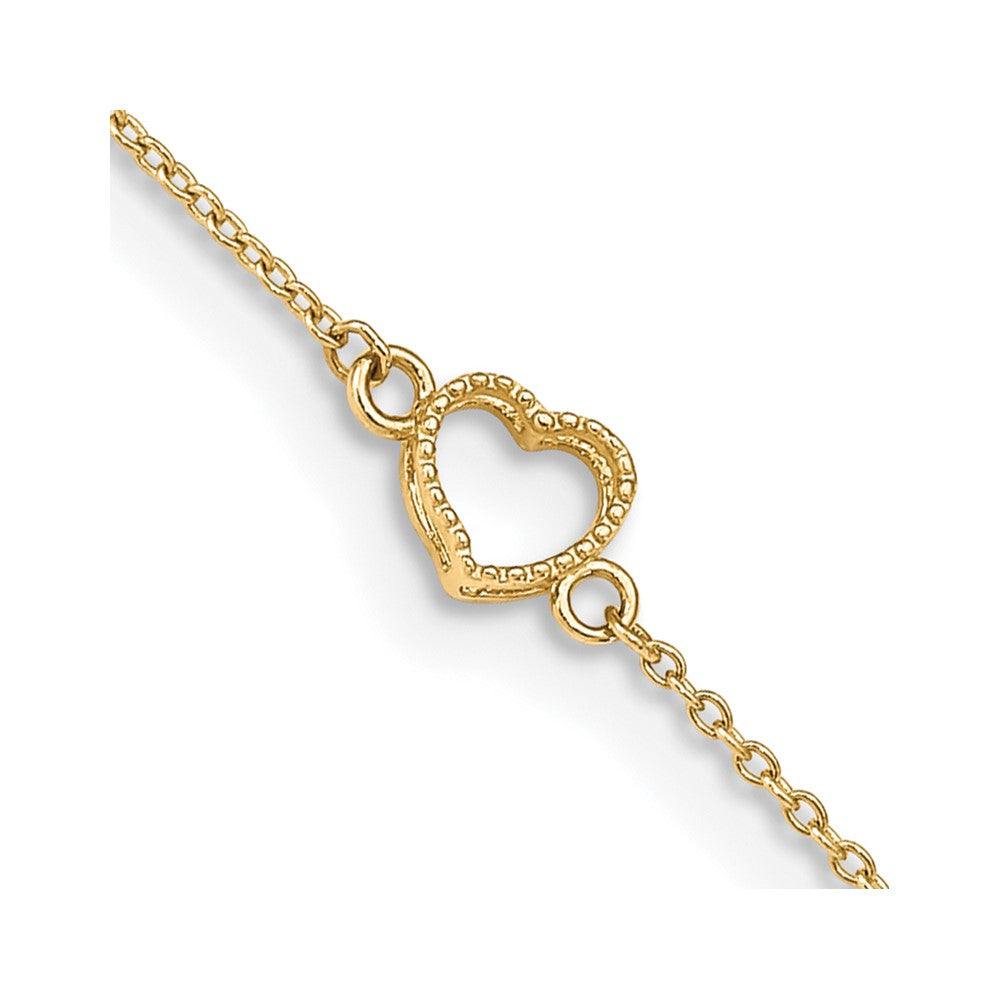 Tobillera de Corazón Texturizado y Pulido 14K de 9 Pulgada con Extensión de 1 Pulgada