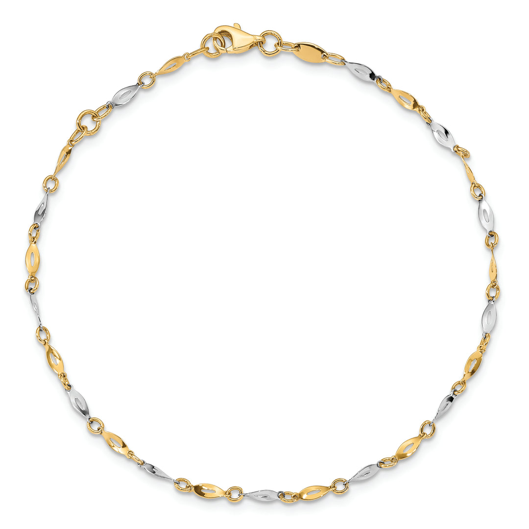 Tobillera de Oro Bicolor Pulido de 14K con Extensión de 1 Pulgada
