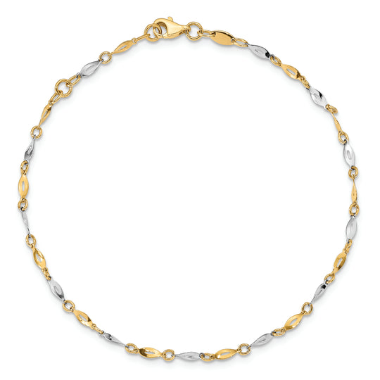 Tobillera de Oro Bicolor Pulido de 14K con Extensión de 1 Pulgada