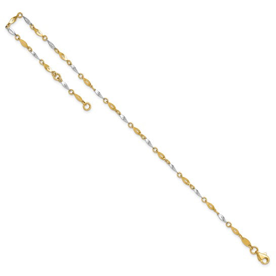 Tobillera de Oro Bicolor Pulido de 14K con Extensión de 1 Pulgada