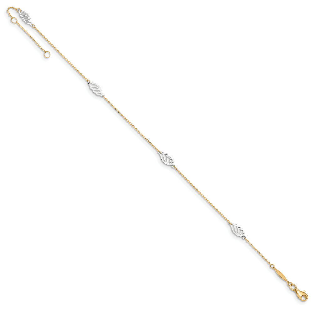 Tobillera de Oro Bicolor de 14K con Cortado a Diamante en Forma de Hoja de 9 Pulgadas + 1 Pulgada de Extensión